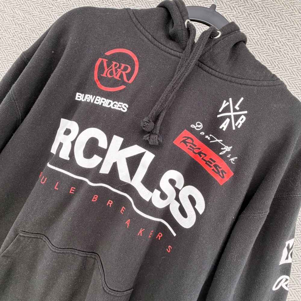 Young & Reckless Mens Black Graphic Hoodie RCKLSS Rule Breakers Large